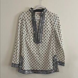Tory‎ Burch Kingfish Print Sequin Embellished Ivory Cotton Tunic Size 6 Coastal